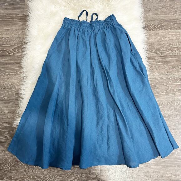 Len Ok Womens 100% Linen Midi Skirt Blue Beachy Size Small Pockets Stretch Waist - Picture 2 of 4